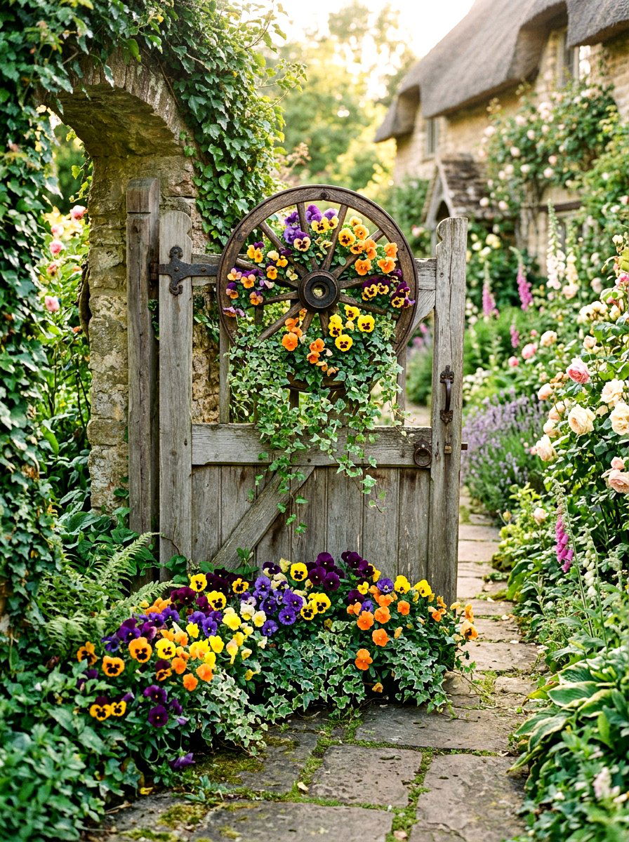Garden Pansy Wagon Wheel - 25 Spring Wagon Wheel Wreath Ideas