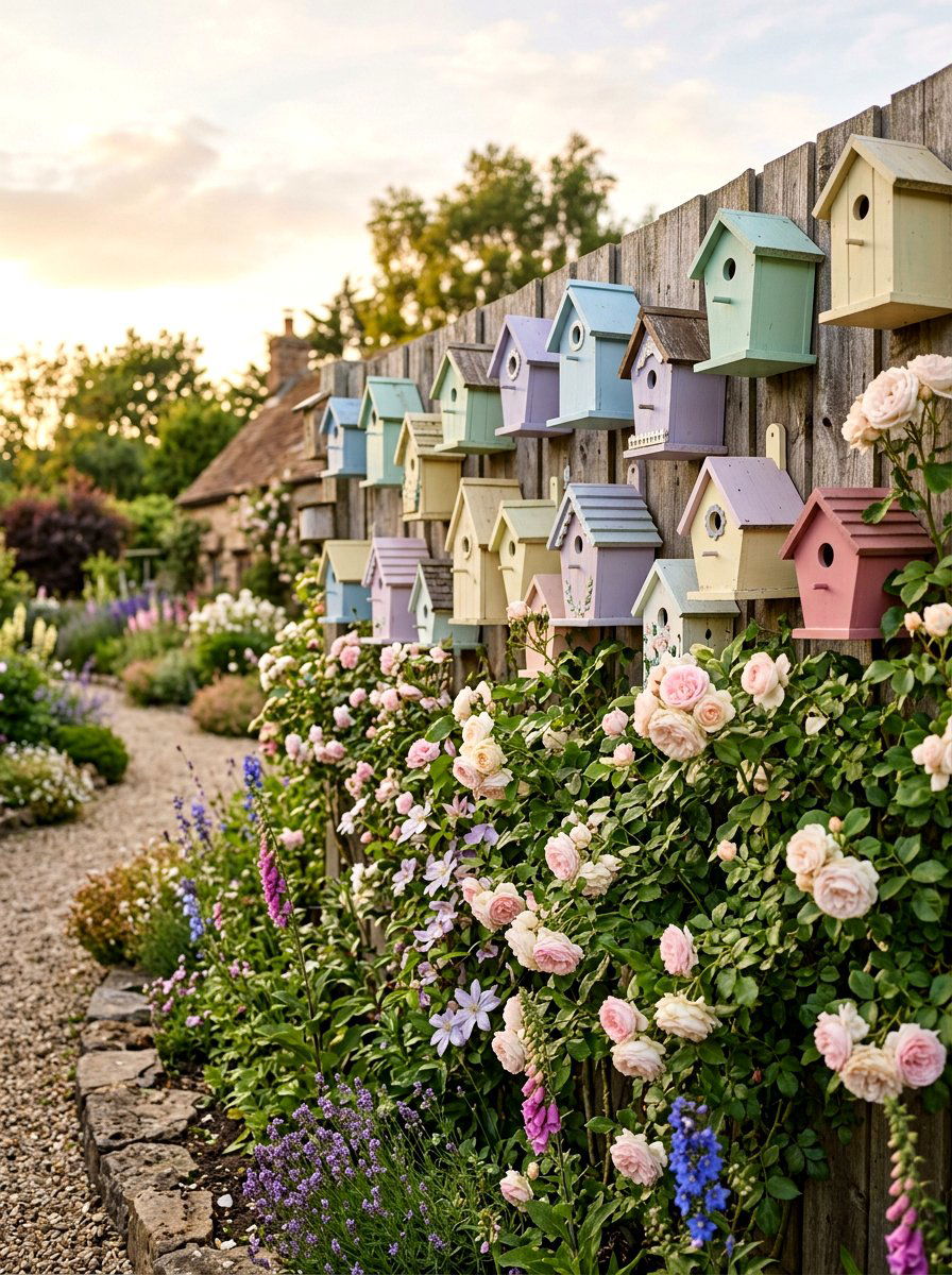 Garden birdhouse fence display - 25 Spring Picket Fence Decor Ideas