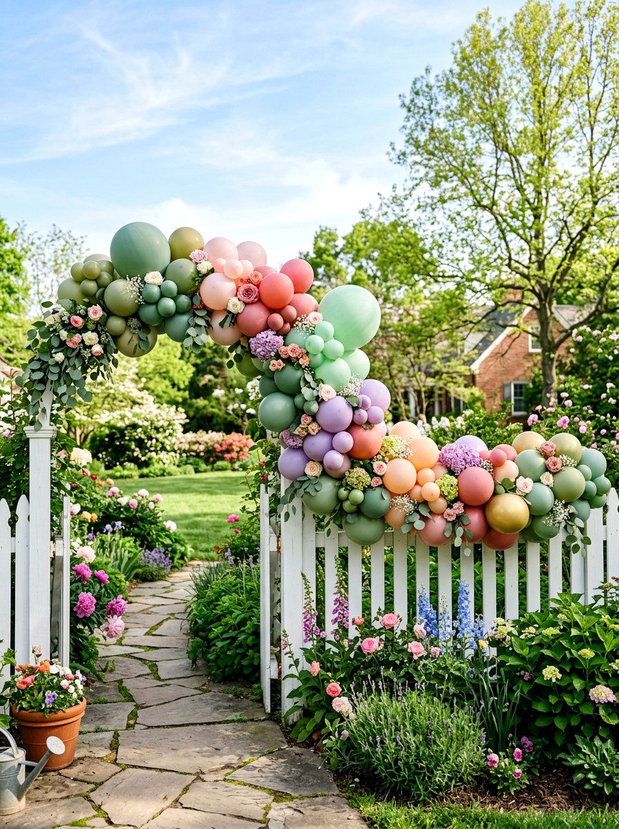 Garden fence balloon arch - 25 Spring Balloon Arch Ideas