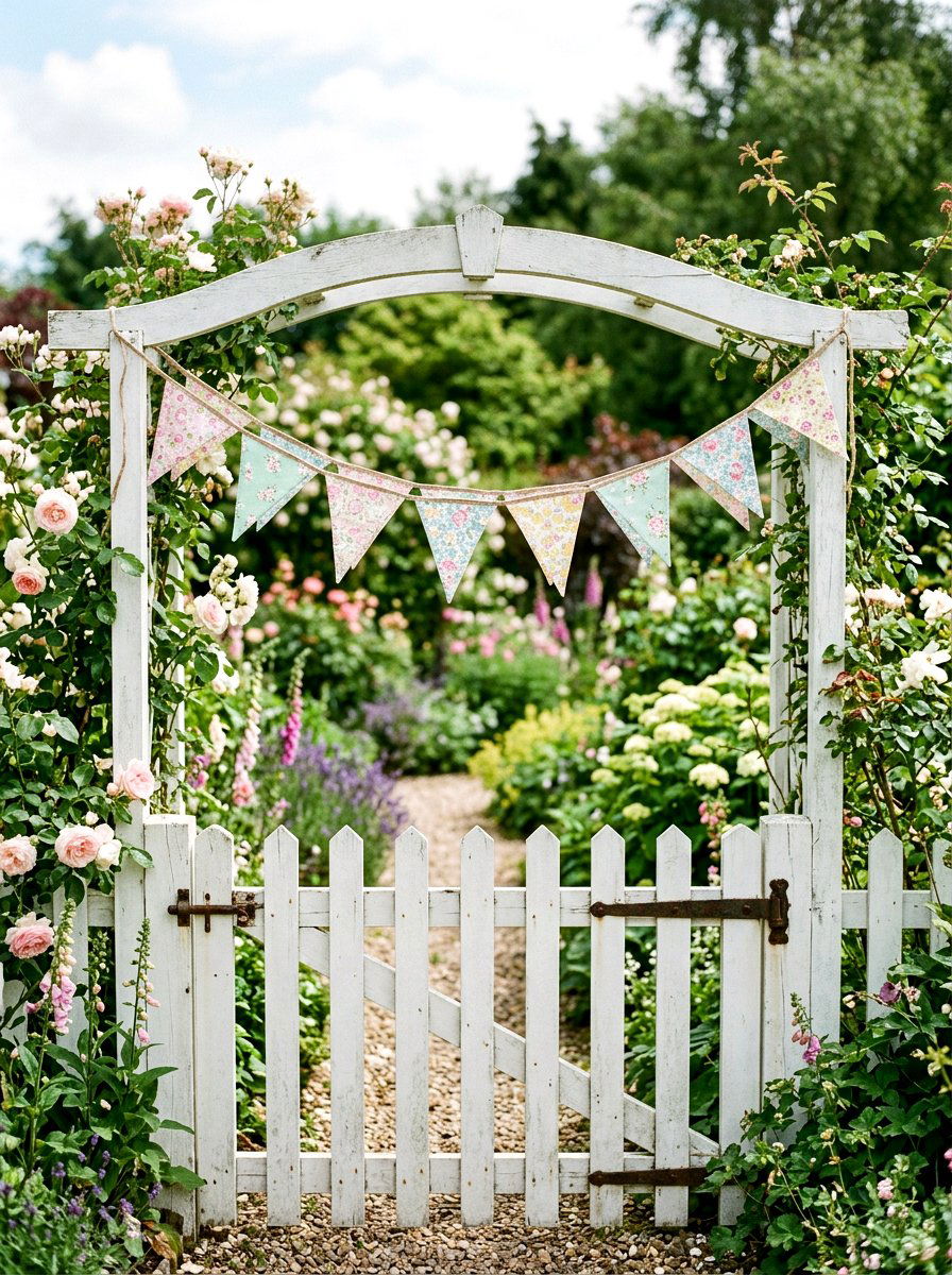 Garden gate bunting flag - 25 Spring Garden Gate Decor Ideas