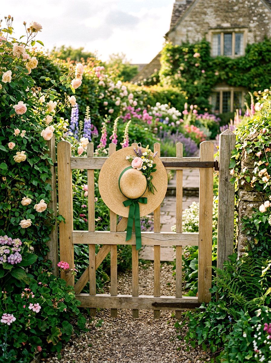 Garden gate straw hat - 25 Spring Garden Gate Decor Ideas