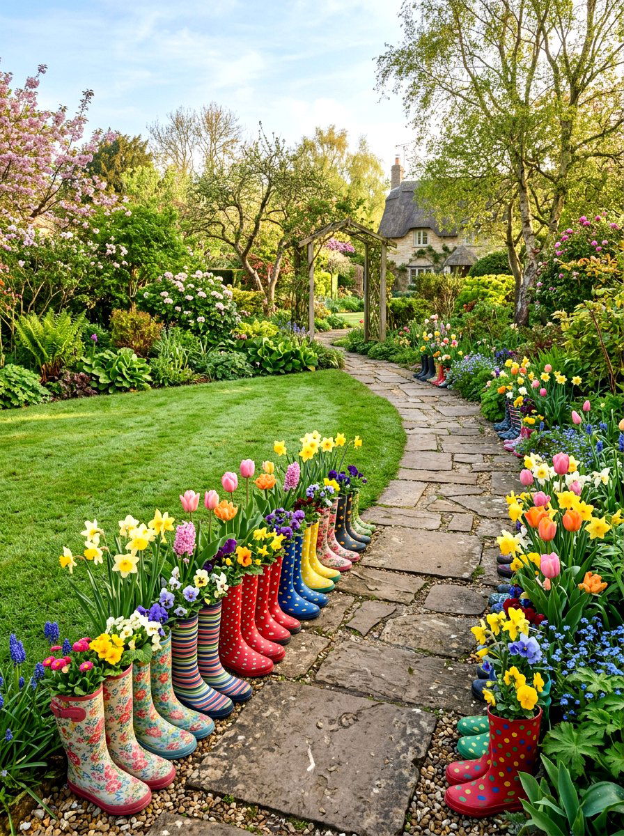 Garden path boot planters - 25 Spring Rain Boot Decor Ideas
