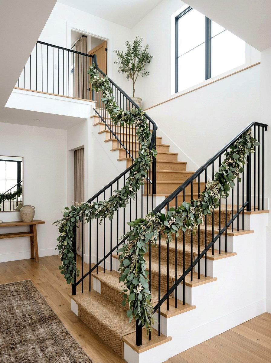 Garland staircase railing - 25 Spring Greenery Decor Ideas