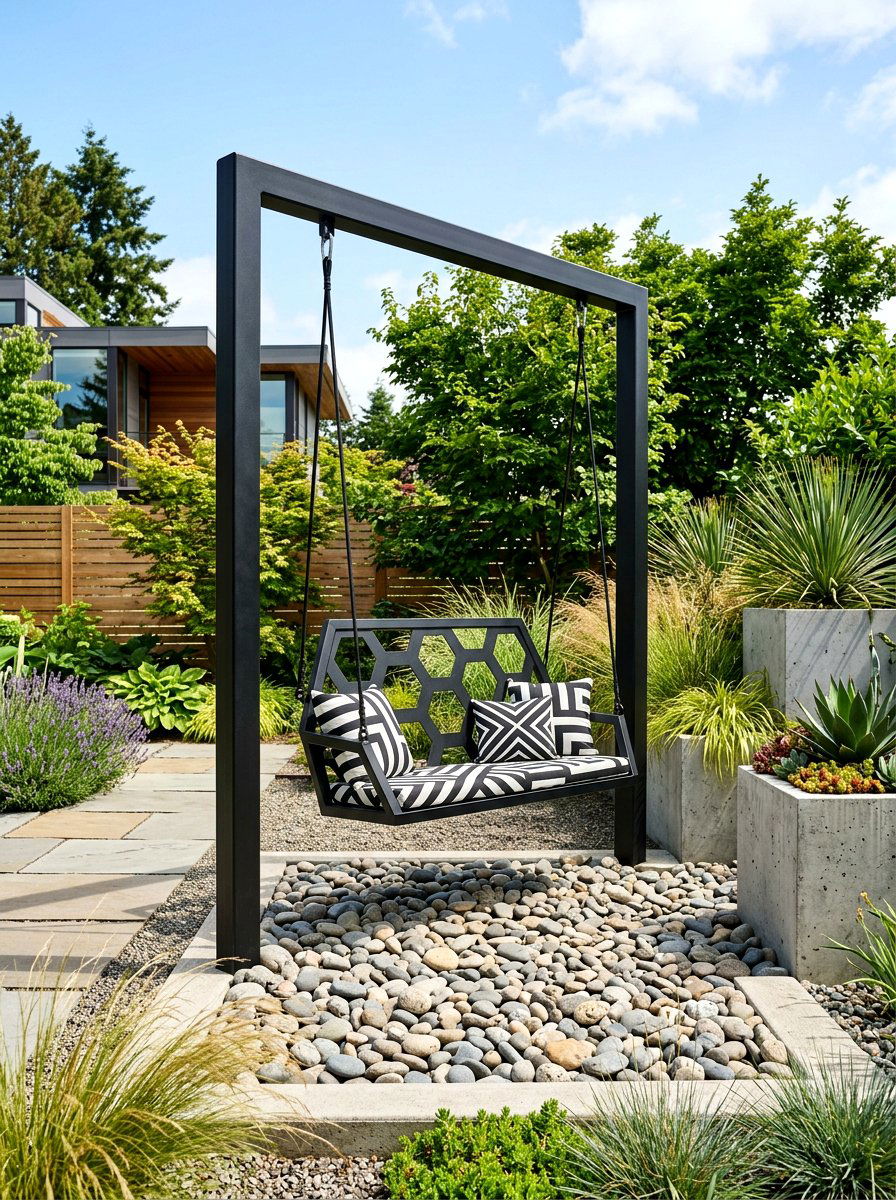 Geometric Metal Swing Modern Garden - 25 Spring Garden Swing Decor Ideas