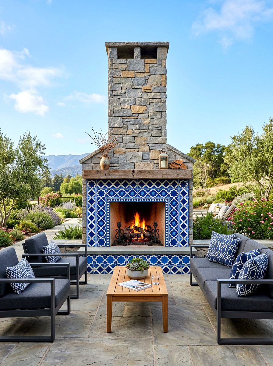 Geometric Tile Fireplace Surround - 25 Spring Outdoor Fireplace Decor Ideas