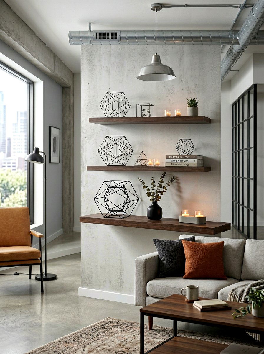 Geometric Wire Shelf Accents - 25 Spring Floating Shelf Decor Ideas