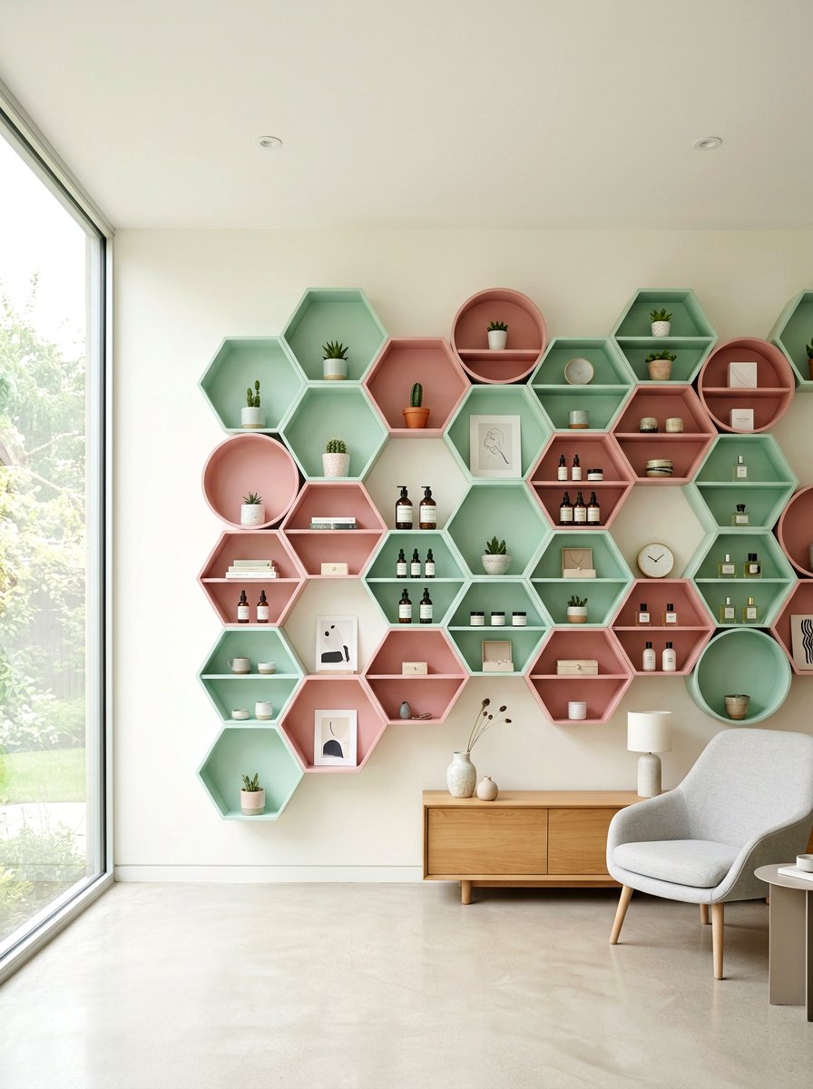 Geometric pastel shelving - 25 Spring Visual Merchandising Ideas