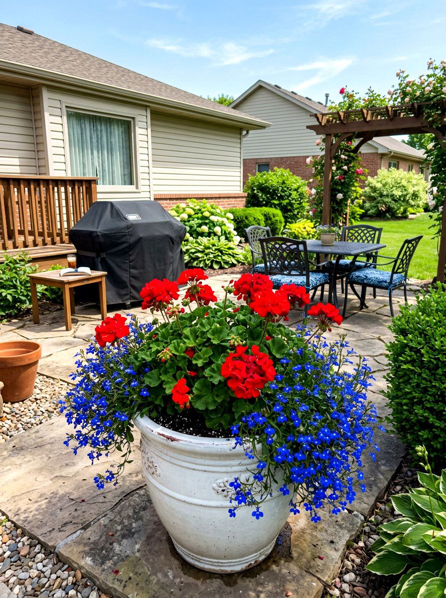 Geranium And Lobelia Mixes - 25 Spring Patio Planter Arrangement Ideas