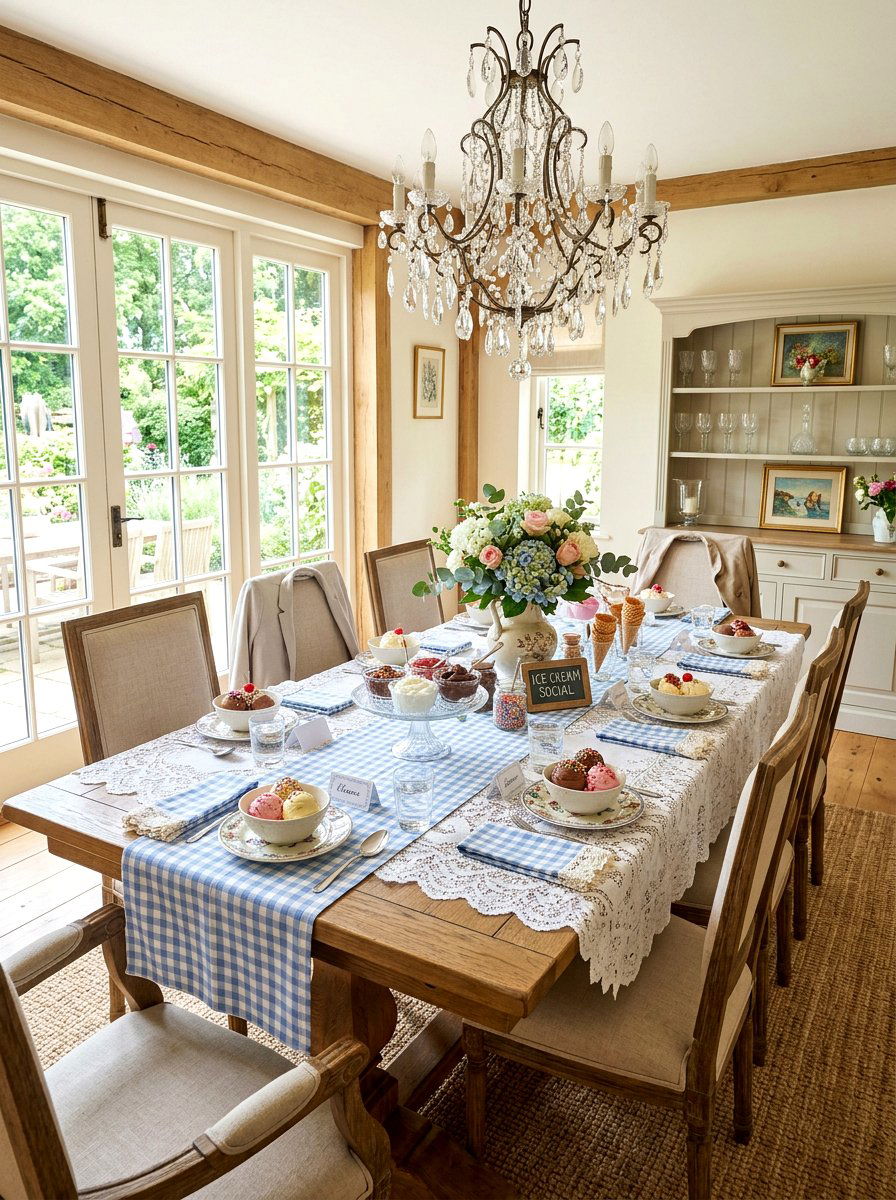 Gingham And Lace Table Setting - 25 Spring Ice Cream Social Decor Ideas