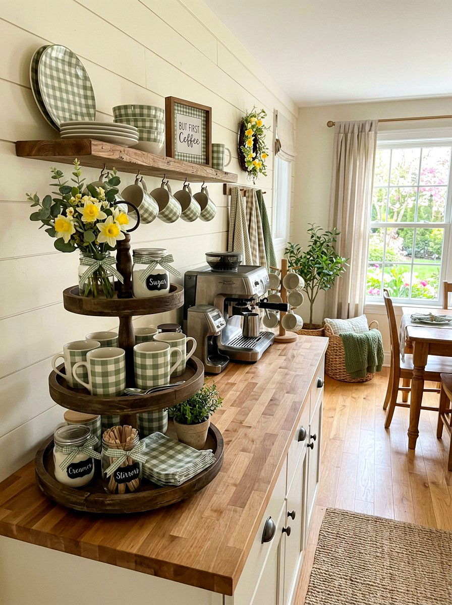 Gingham Coffee Bar - 25 Spring Coffee Bar Tiered Tray Ideas
