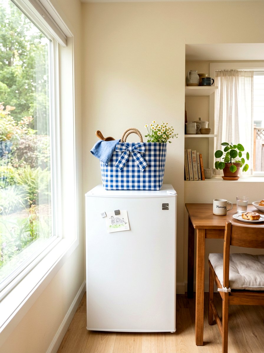 Gingham Fabric Basket - 25 Spring Refrigerator Top Decor Ideas