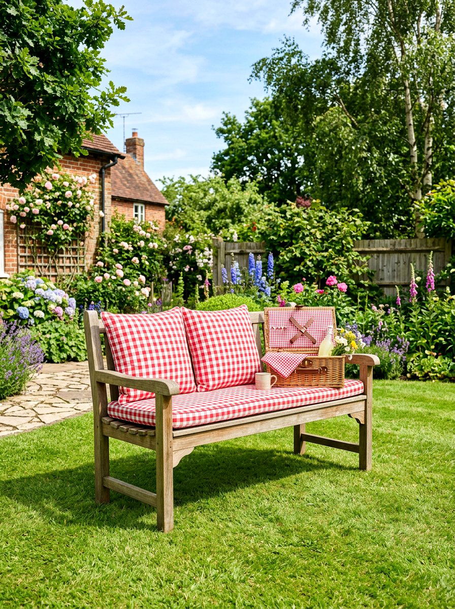 Gingham Garden Bench Decor - 25 Spring Garden Bench Decor Ideas