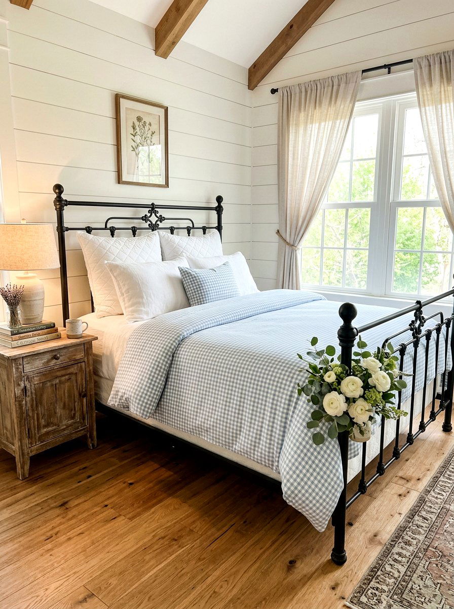 Gingham Pattern Bedding - 25 Spring Bed Frame Decor Ideas