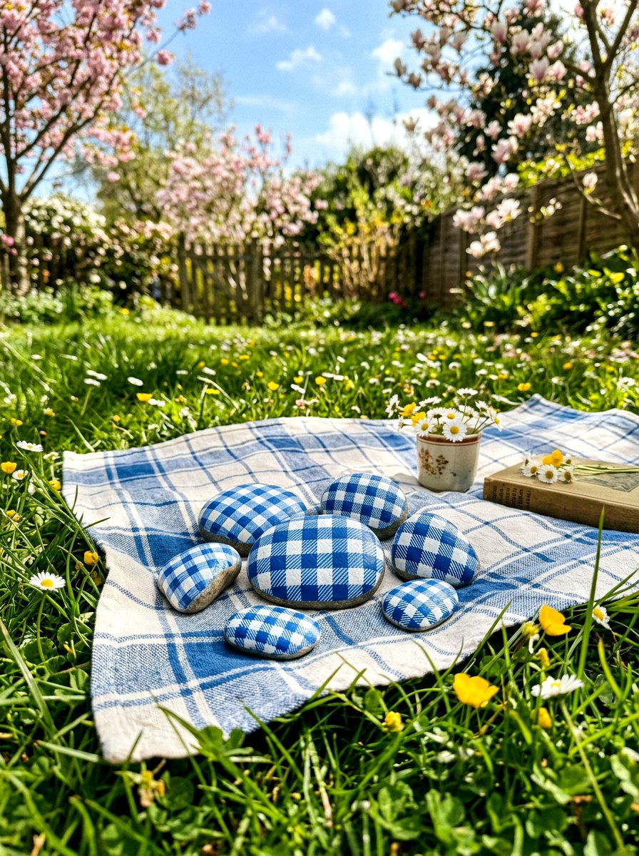 Gingham Pattern Rock - 25 Spring Painted Rock Ideas for Garden