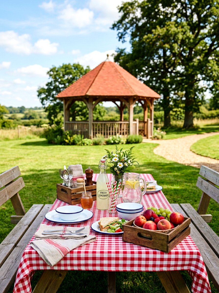 Gingham Picnic Table - 25 Spring Gazebo Table Decor Ideas