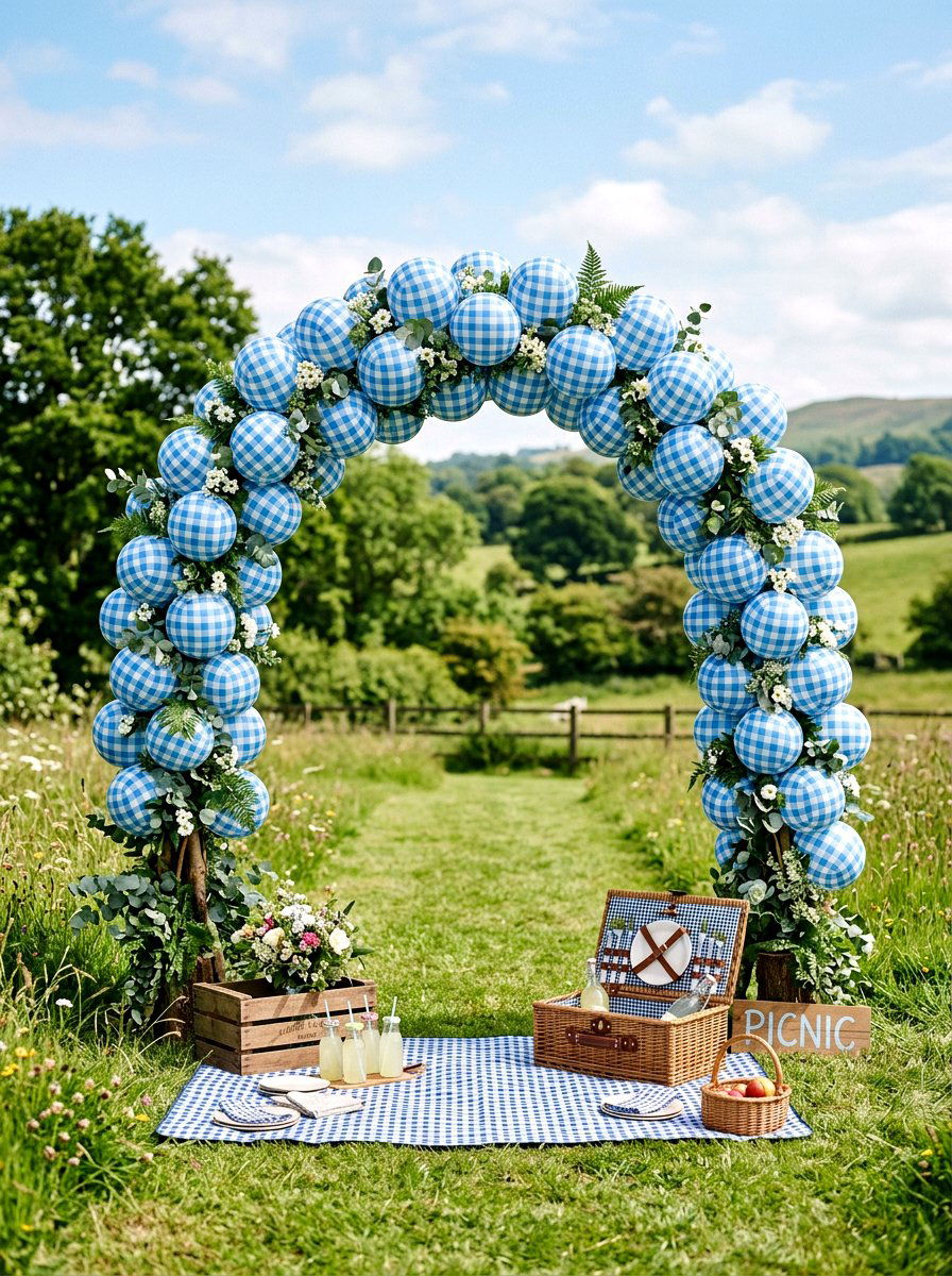 Gingham Print Balloon Arch - 25 Spring Balloon Arch Ideas for Party