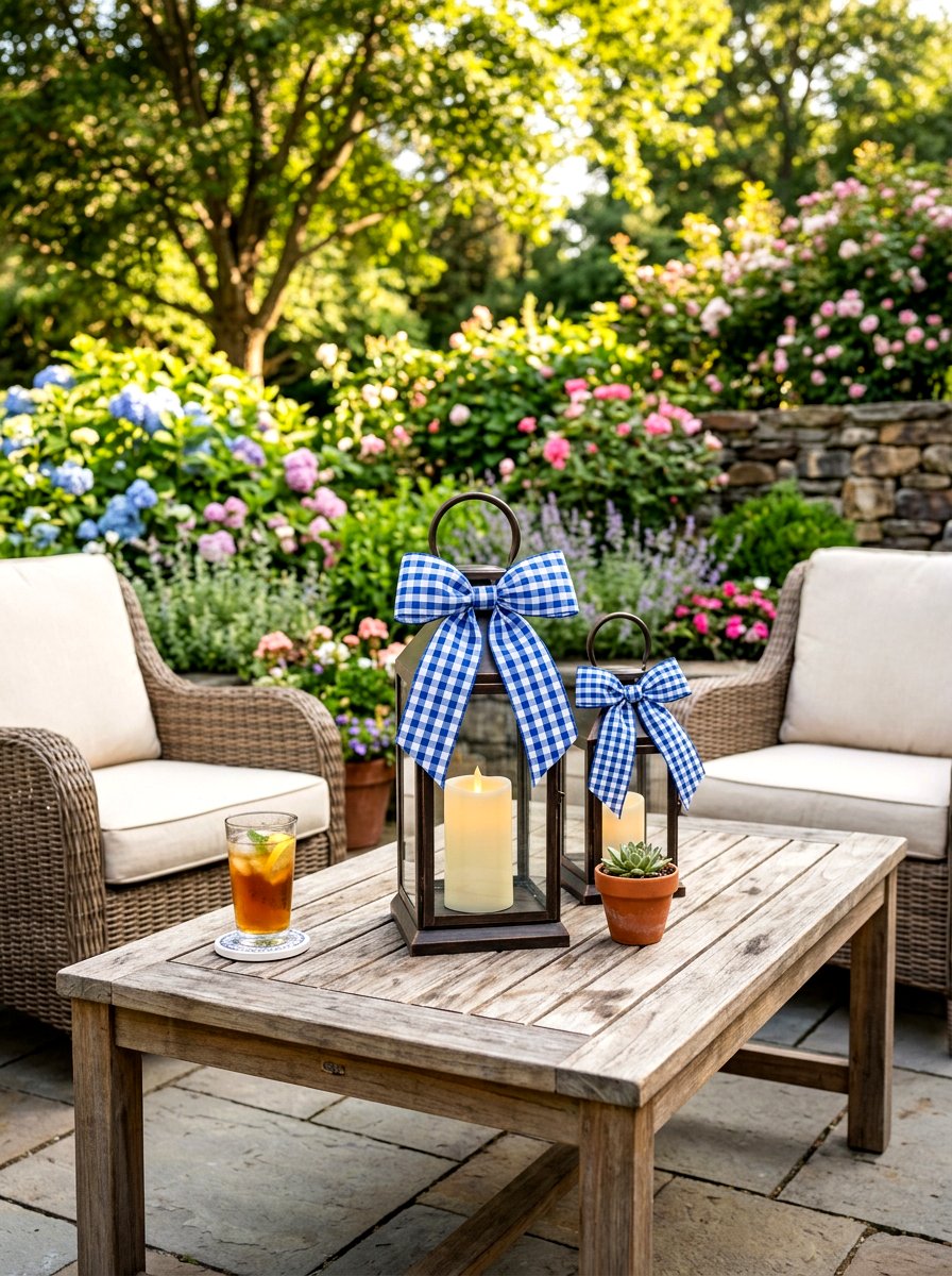 Gingham Ribbon Patio Lantern - 25 Spring Lantern Decor Ideas