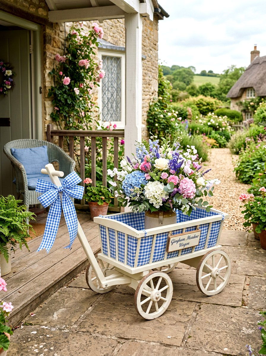 Gingham Ribbon Wagon - 25 Spring Porch Wagon Decor Ideas