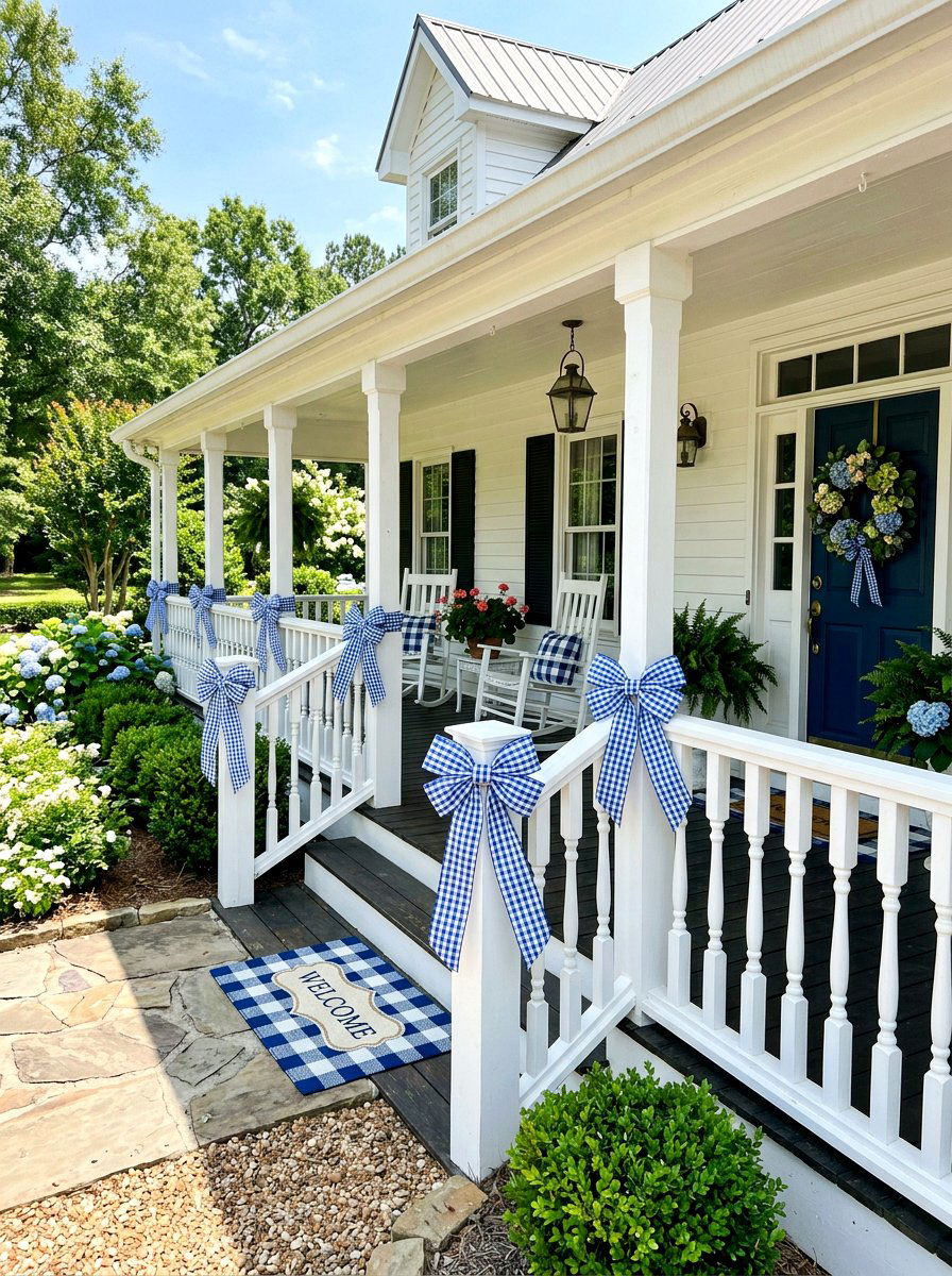 Gingham bows for porch railing - 25 Spring Porch Railing Decor Ideas