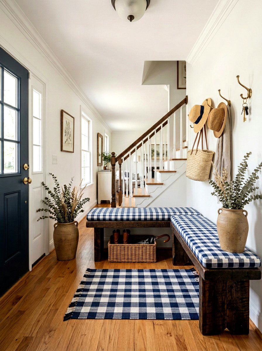 Gingham entryway bench - 25 Spring Gingham Decor Ideas