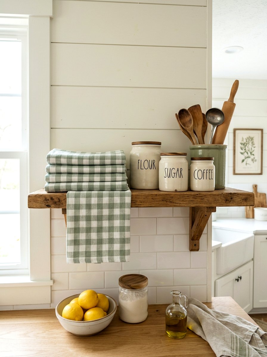 Gingham kitchen towels - 25 Spring Kitchen Shelf Decor Ideas