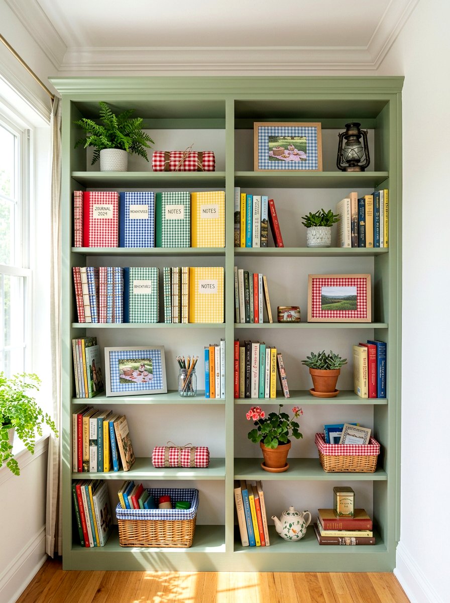 Gingham print accents - 25 Spring Bookshelf Decor Ideas