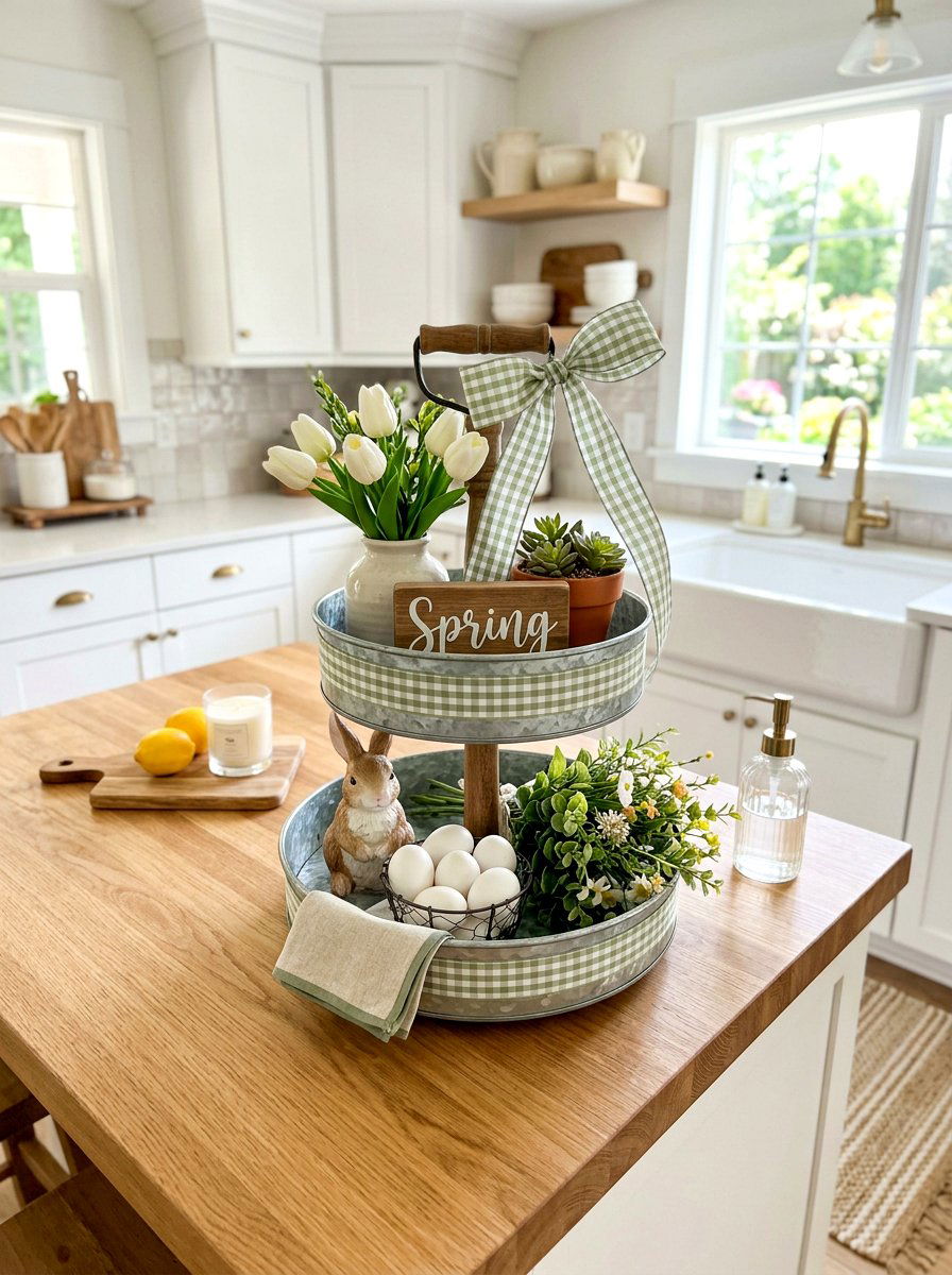 Gingham ribbon spring tray - 25 Spring Farmhouse Tiered Tray Ideas