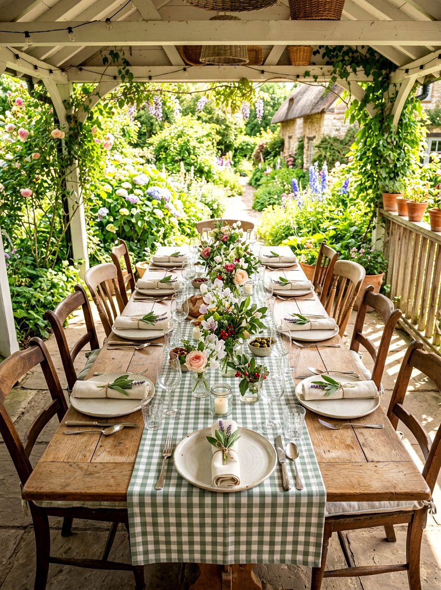 Gingham table runner - 25 Spring Porch Table Decor Ideas