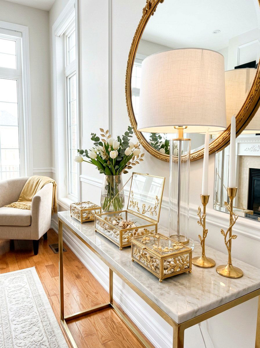 Glass And Gold Spring Accents - 25 Spring Sofa Table Decor Ideas