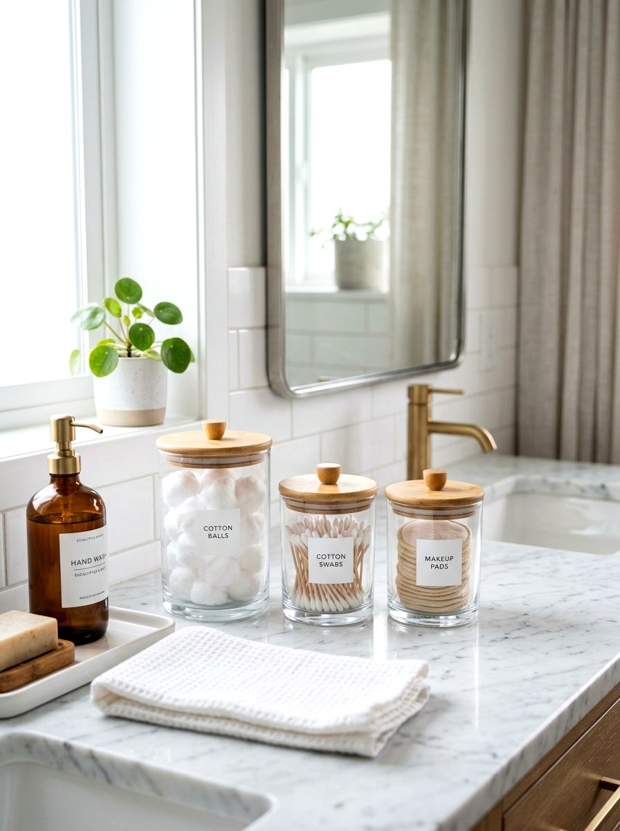 Glass Bathroom Canister - 25 Spring Bathroom Counter Decor Ideas