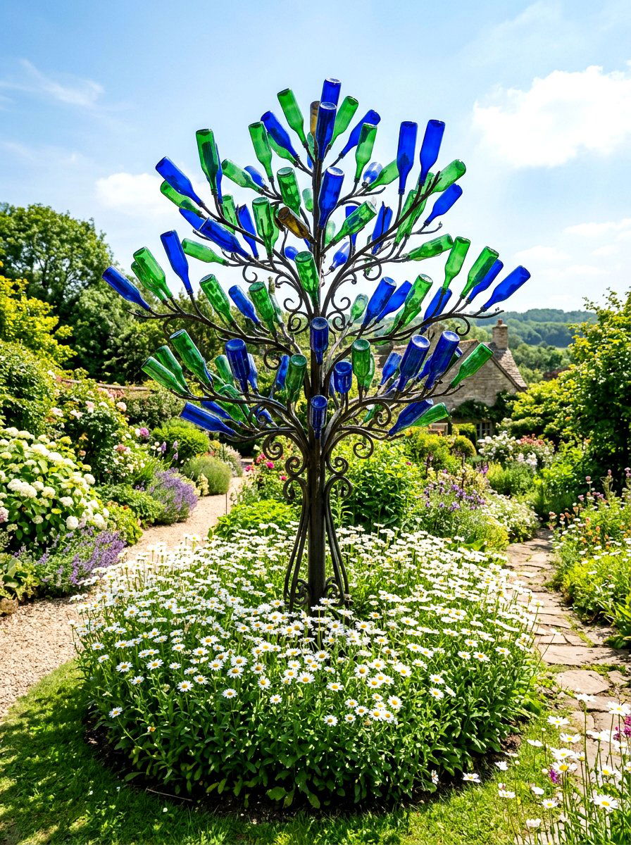 Glass Bottle Tree - 25 Spring Garden Art Ideas