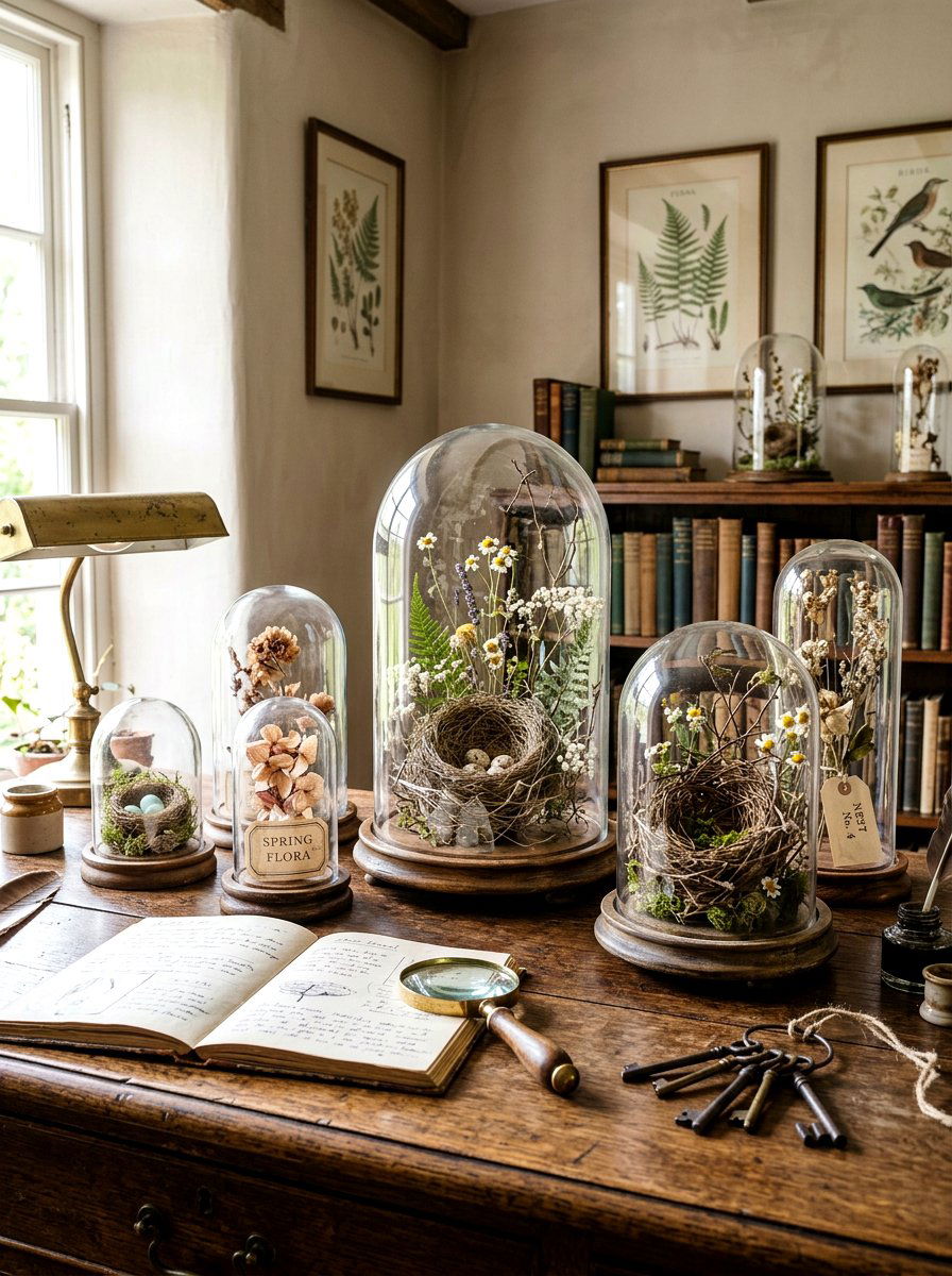 Glass Cloche Display - 25 Spring Fireplace Mantel Ideas