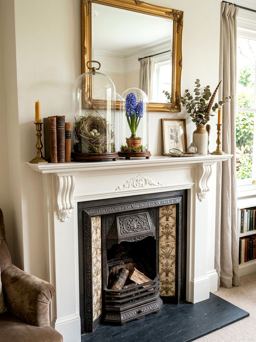 Glass Cloche Spring Flowers - 25 Spring Mantel Vignette Ideas