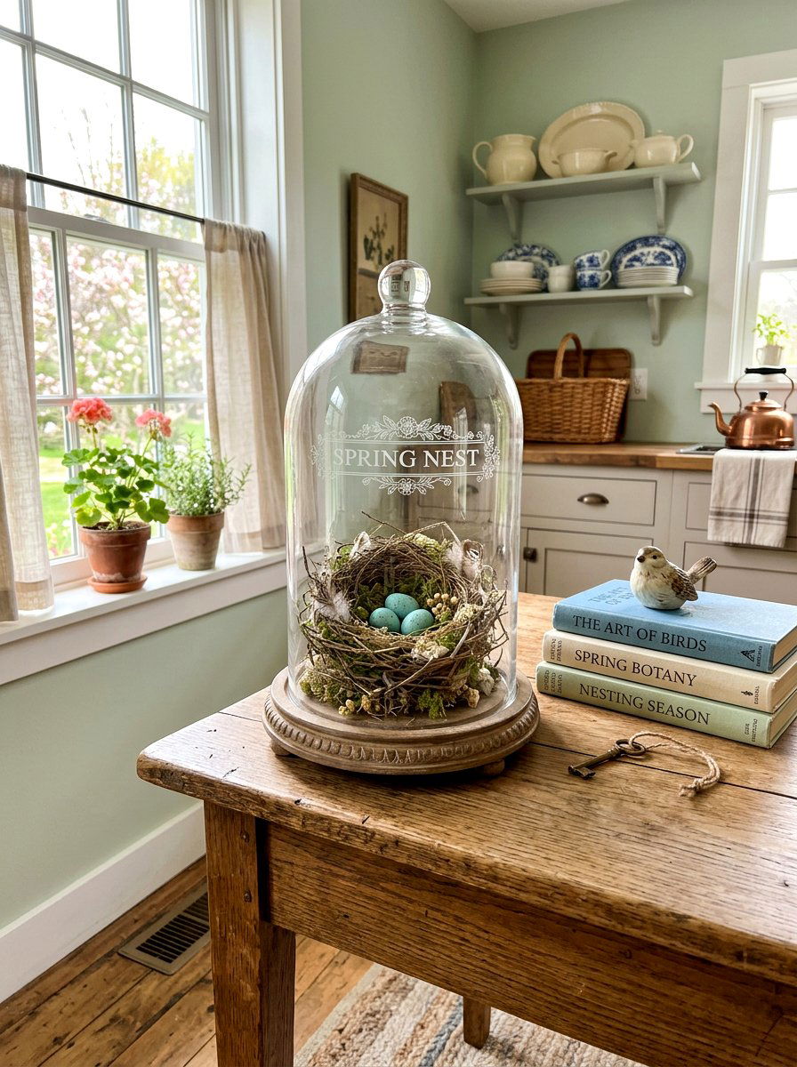 Glass Cloche With Spring Nest - 25 Spring Kitchen Centerpiece Ideas