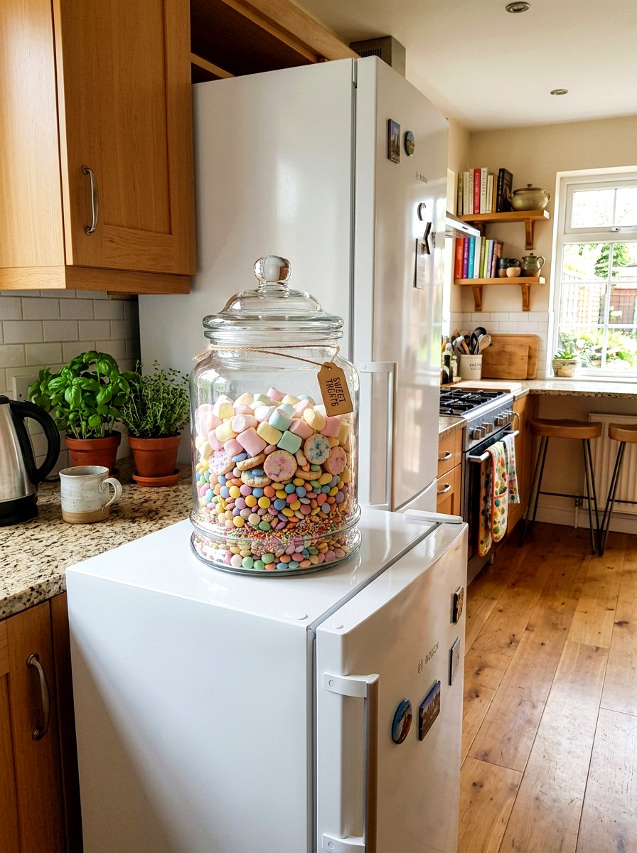 Glass Cookie Jar - 25 Spring Refrigerator Top Decor Ideas