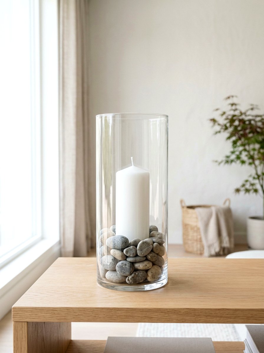 Glass Hurricane Candle With River Rocks - 25 Spring Candle Centerpiece Ideas
