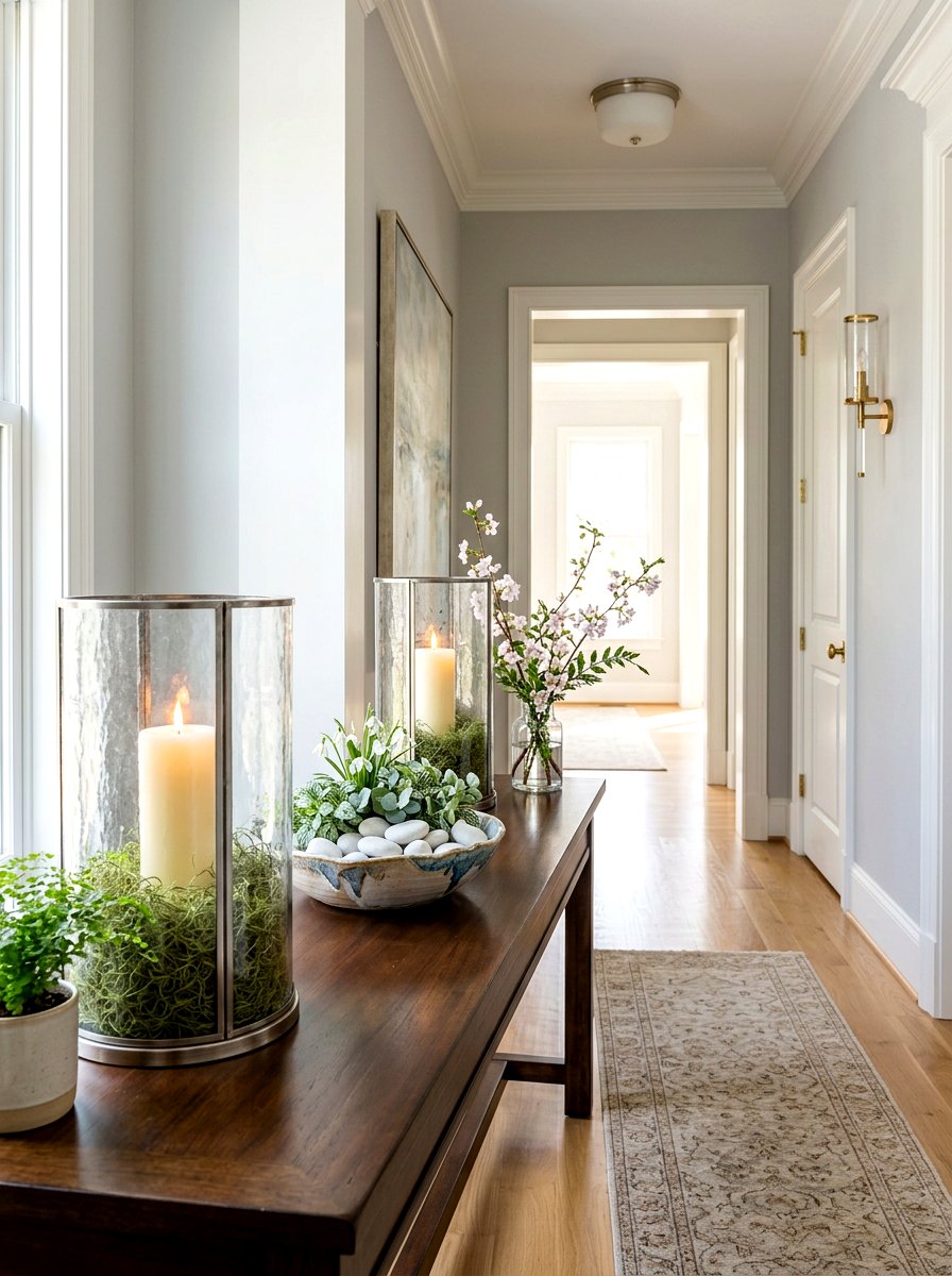 Glass Hurricane Lantern Spring - 25 Spring Entry Table Arrangement Ideas