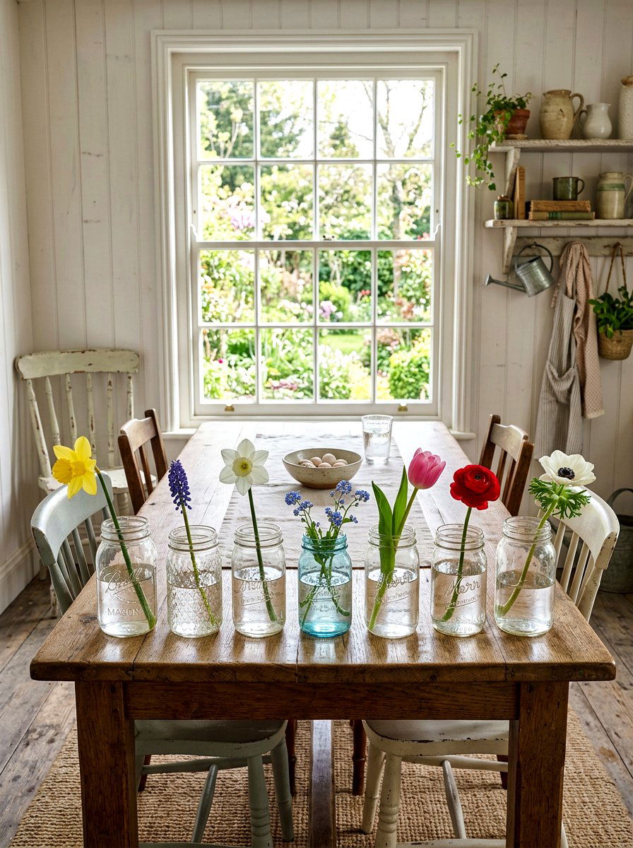 Glass Jar Flower Display - 25 Spring Dining Table Centerpiece Ideas