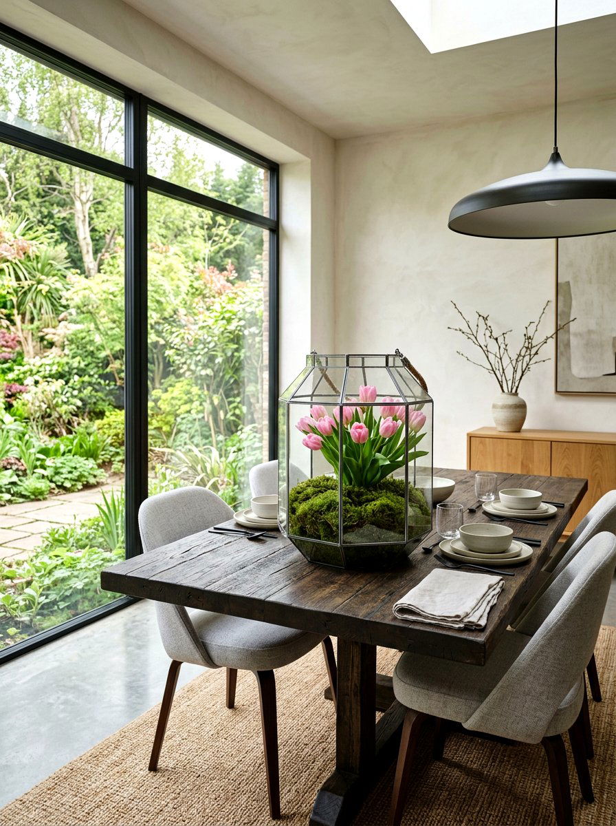 Glass Lantern With Moss And Tulips - 25 Spring Lantern Centerpiece Ideas