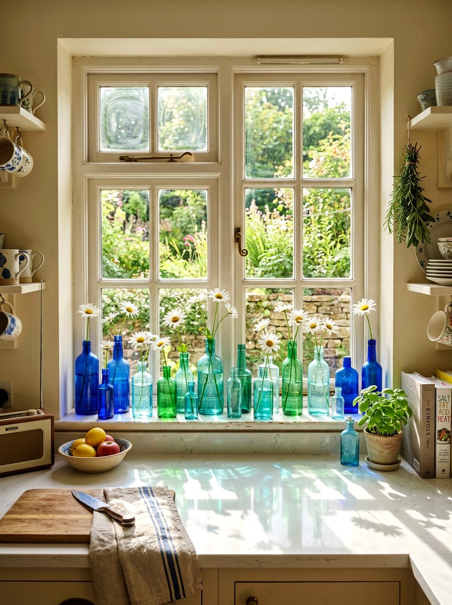 Glass bottle flower display - 25 Spring Kitchen Window Decor Ideas