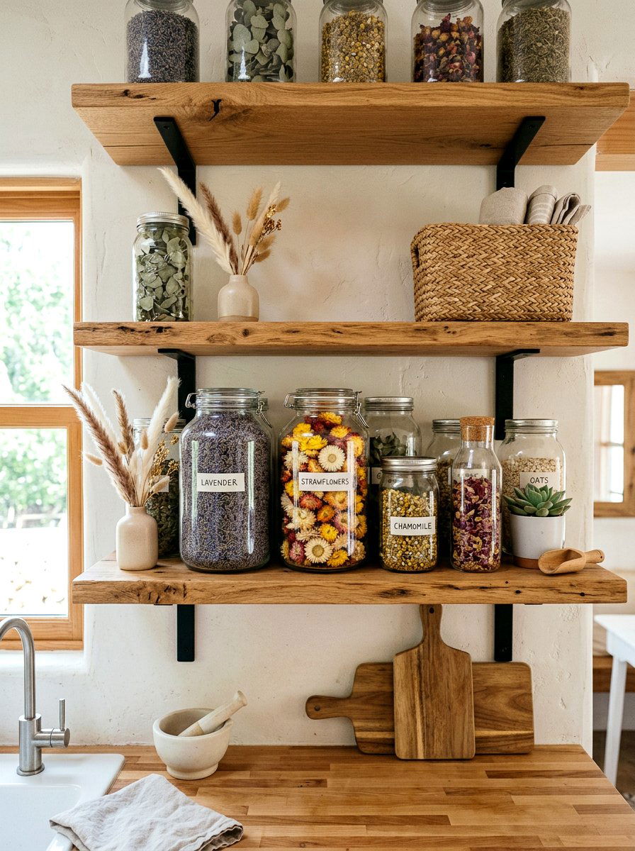 Glass jars with dried flowers - 25 Spring Kitchen Shelf Decor Ideas