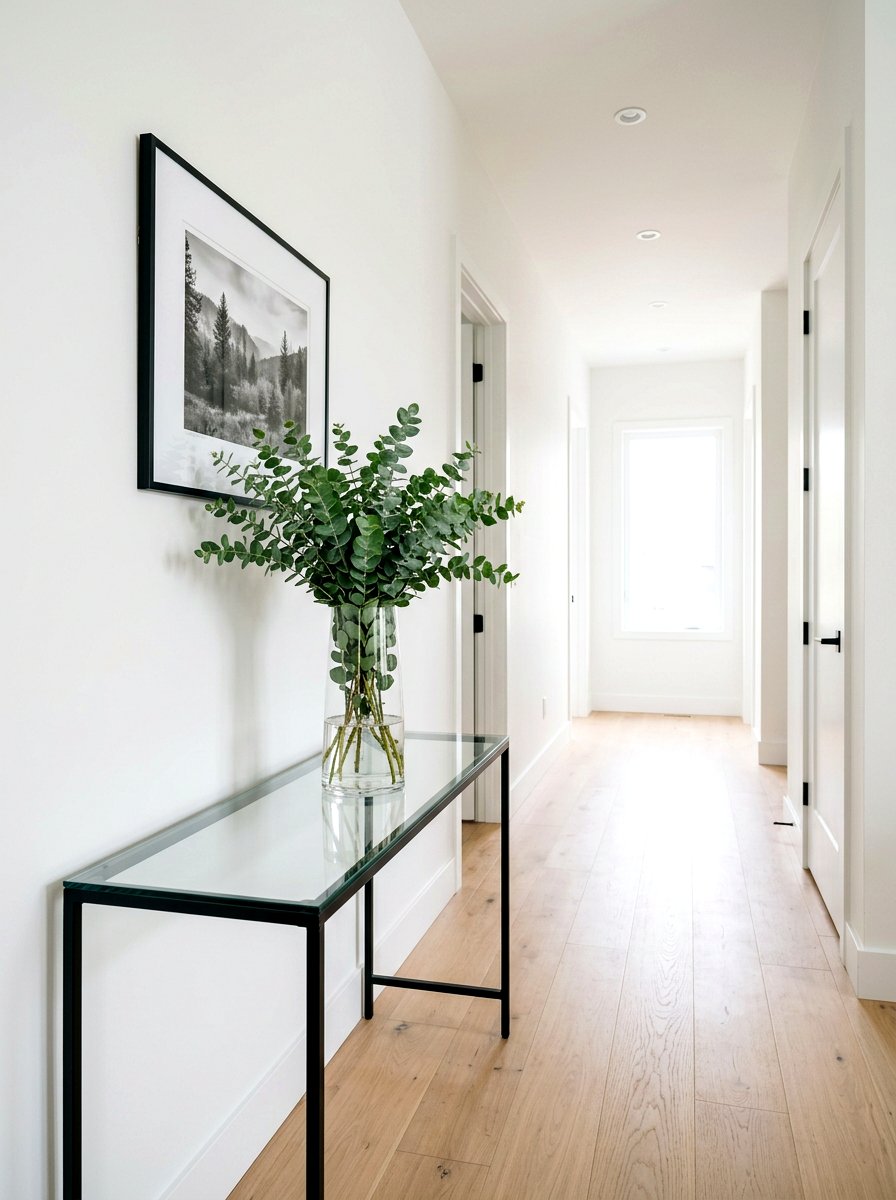 Glass vase with eucalyptus - 25 Spring Hallway Table Decor Ideas