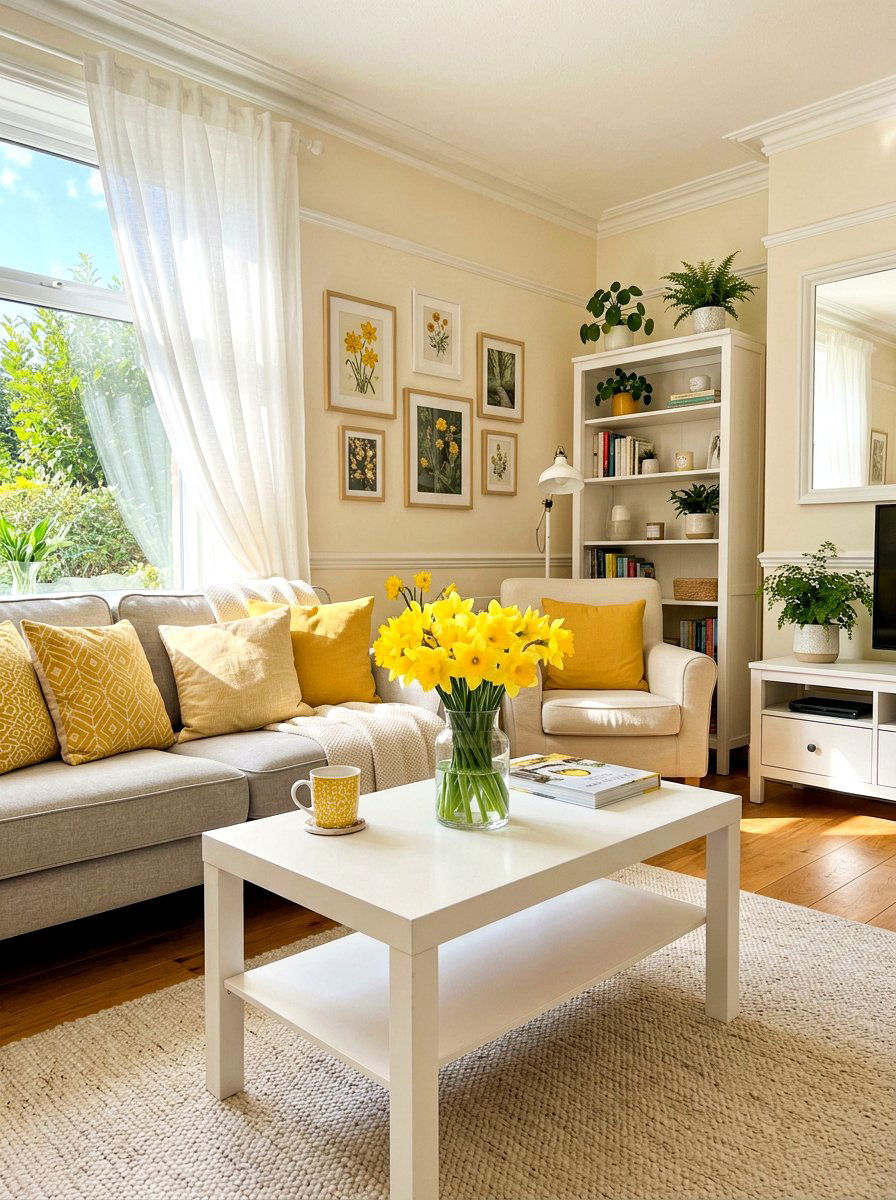 Glass vase yellow daffodils - 25 Spring Coffee Table Styling Ideas