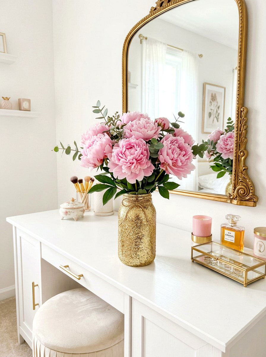 Glitter Mason Jar With Peonies - 25 Spring Mason Jar Flower Ideas