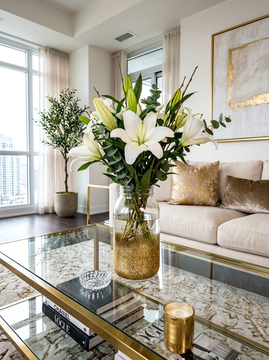 Glitter dipped mason jar vase - 25 Spring Mason Jar Vase Ideas