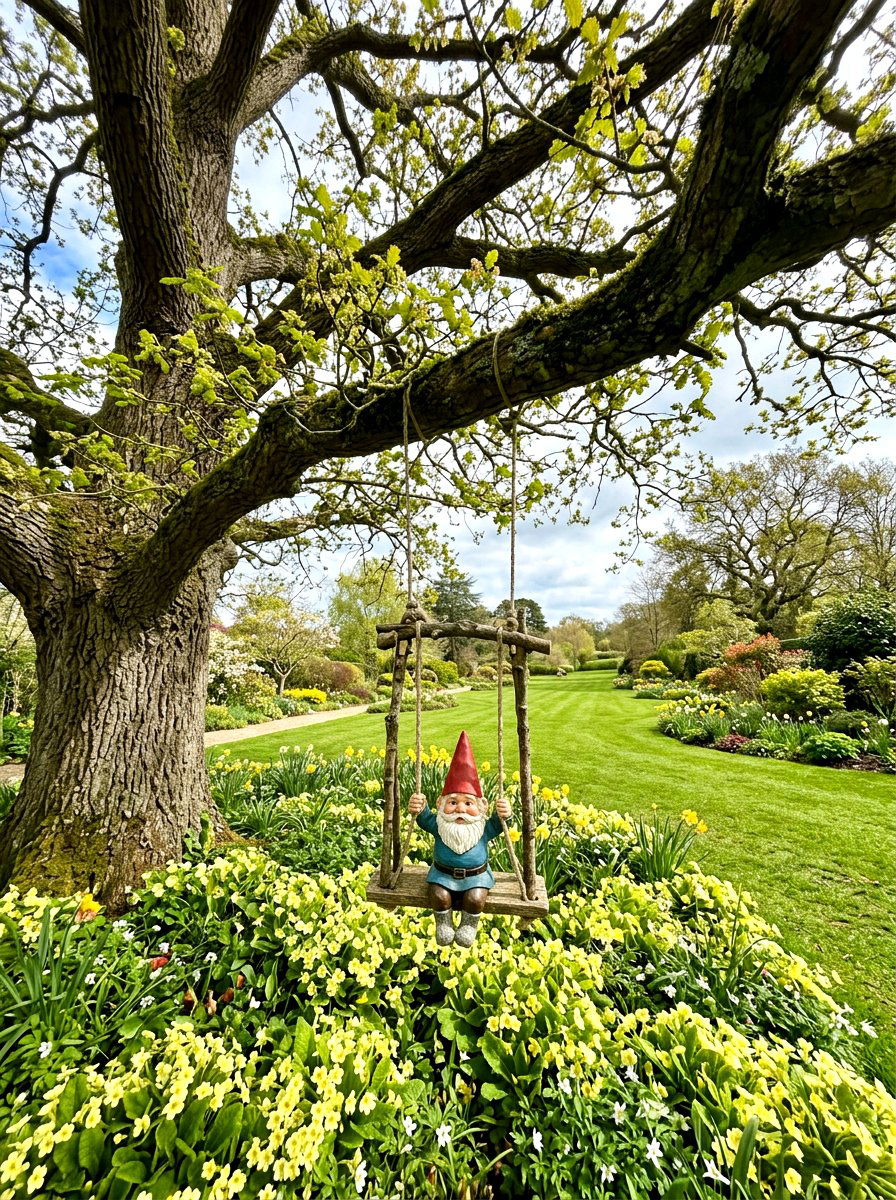 Gnome Tree Swing - 25 Spring Garden Gnome Decor Ideas