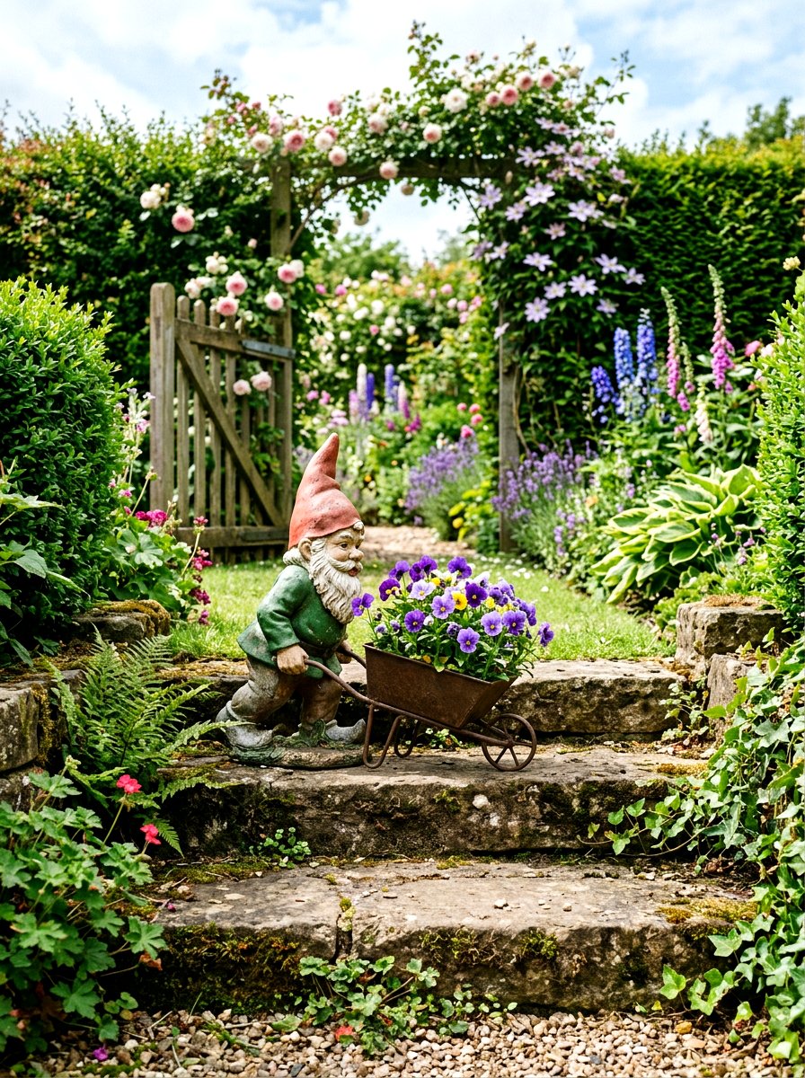 Gnome Wheelbarrow Planter - 25 Spring Garden Gnome Decor Ideas