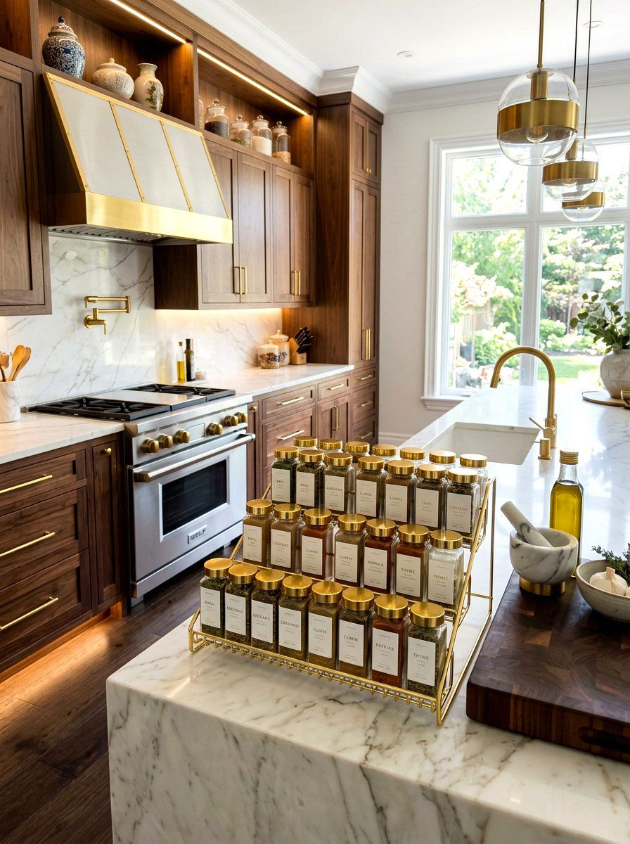 Gold Accented Spice Organizer - 25 Spring Spice Rack Decor Ideas