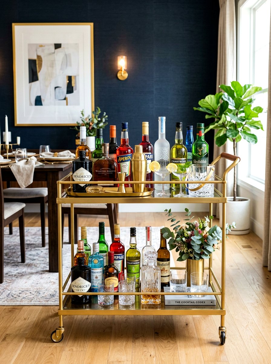Gold Bar Cart Setup - 25 Spring Gold Accent Decor Ideas