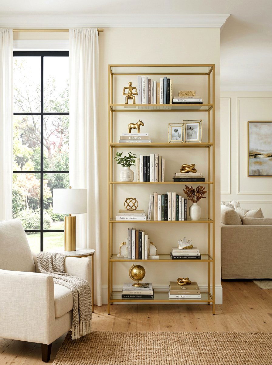 Gold Etagere Bookcase Styling - 25 Spring Gold Accent Decor Ideas